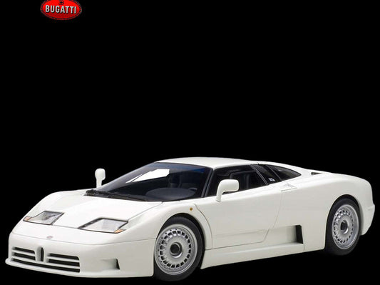 White Bugatti model car on a white background with Bugatti logo.