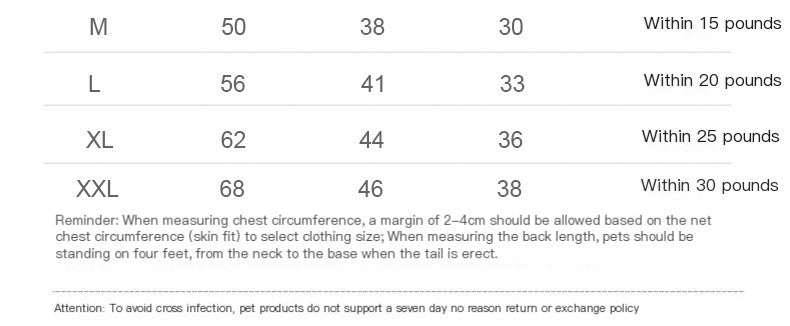 Size chart for pet products with measurements in centimeters and weight ranges.