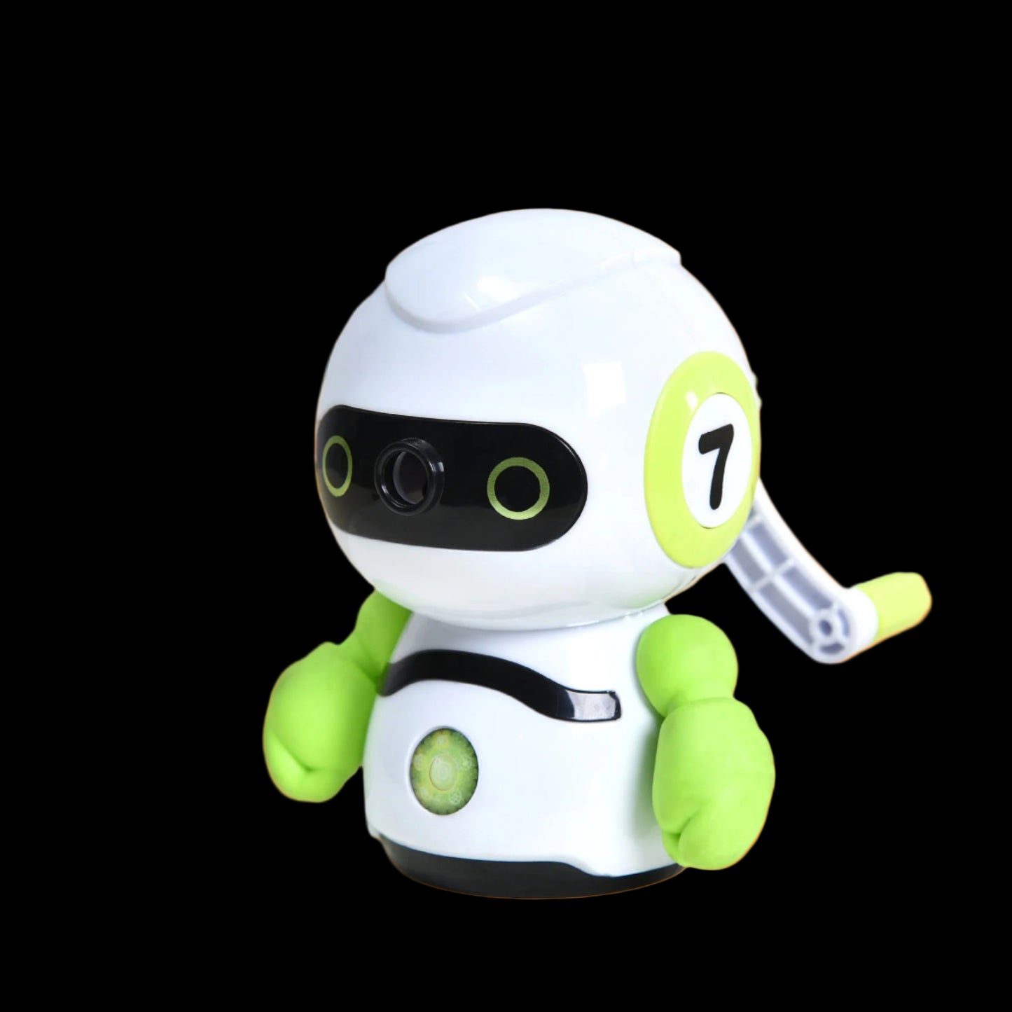 Toy robot with a white and green design on a light surface.