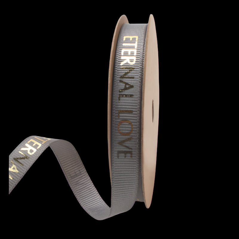 Gray ribbon with 'Eternal Love' text on a white background