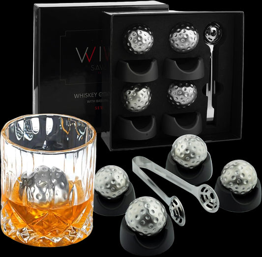 Golf Ball Shaped Stainless Steel Whiskey Stones, Whiskey Rocks, by The Wine Savant Great for Parties or for Bar Use, 4 Stones Rocks Cubes for Whiskey, Bourbon Vodka, Scotch, Metal Chillers Golf Gift