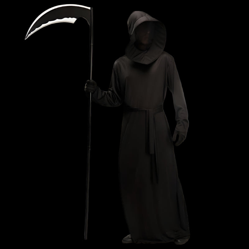 Person wearing a black hooded robe and holding a scythe on a white background