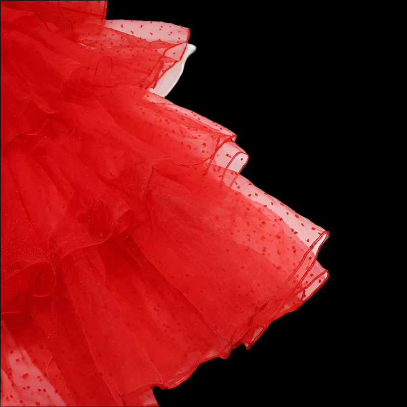 Close-up of a red tulle skirt on a white background