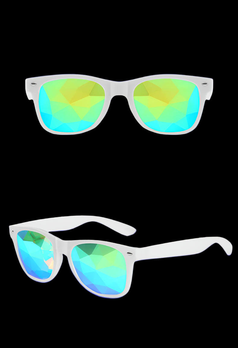 White-framed sunglasses with green and blue mirrored lenses on a white background