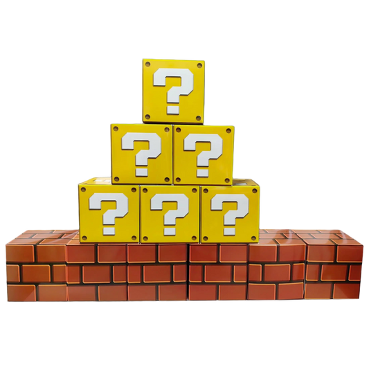 Stack of yellow blocks with question marks on a red brick platform against a white background