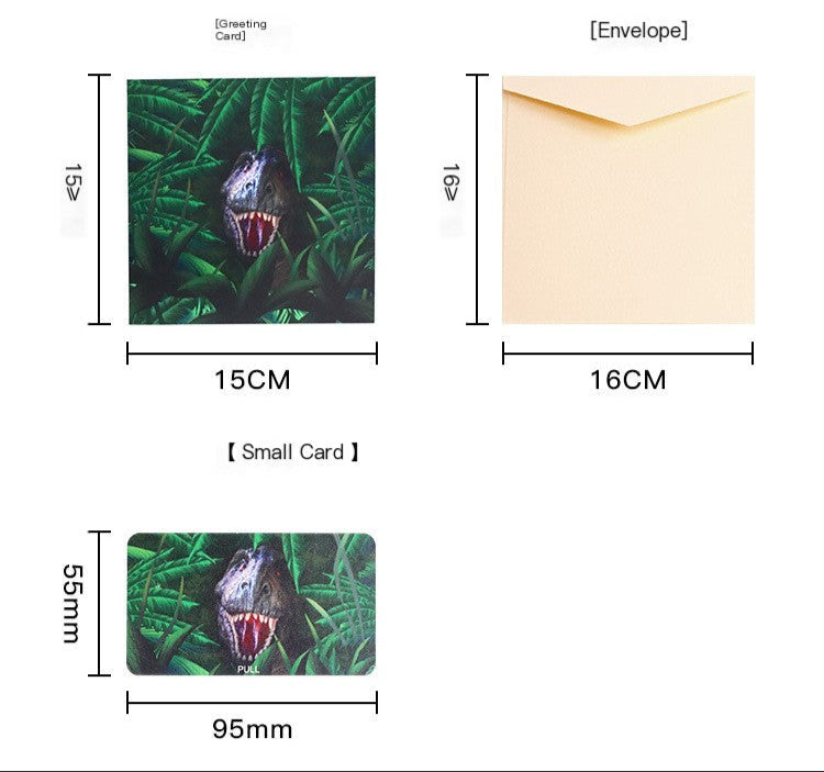 Product dimensions of a card with a snake design, envelope, and small card on a white background.