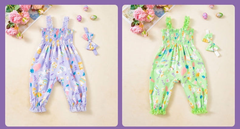 Two children's floral overalls on a beige background with decorative elements.