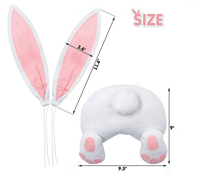 Measurement chart of a white plush toy with pink accents and bunny ears on a white background.