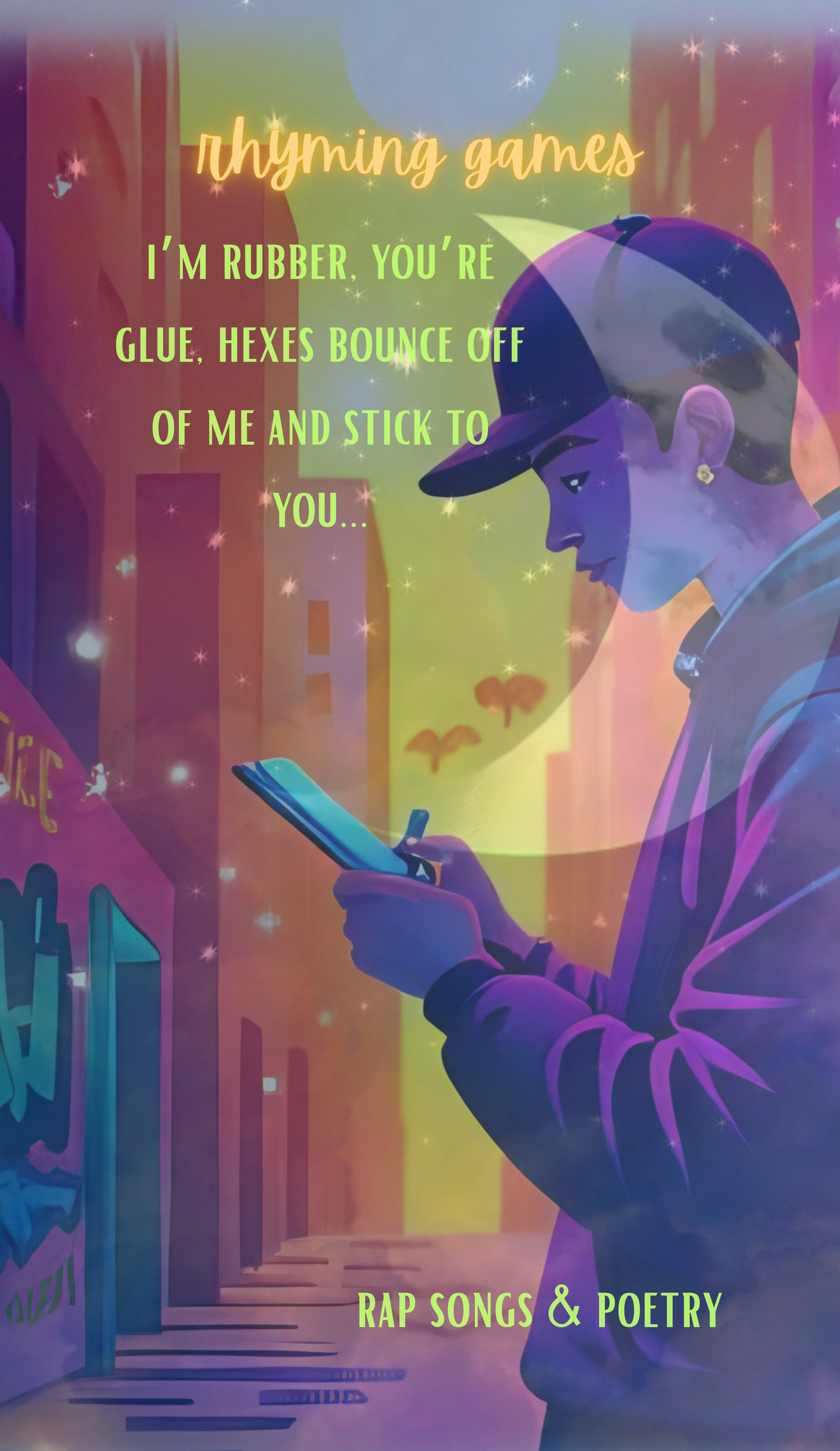Illustration of a person using a phone with a colorful urban background and text about rhyming games.