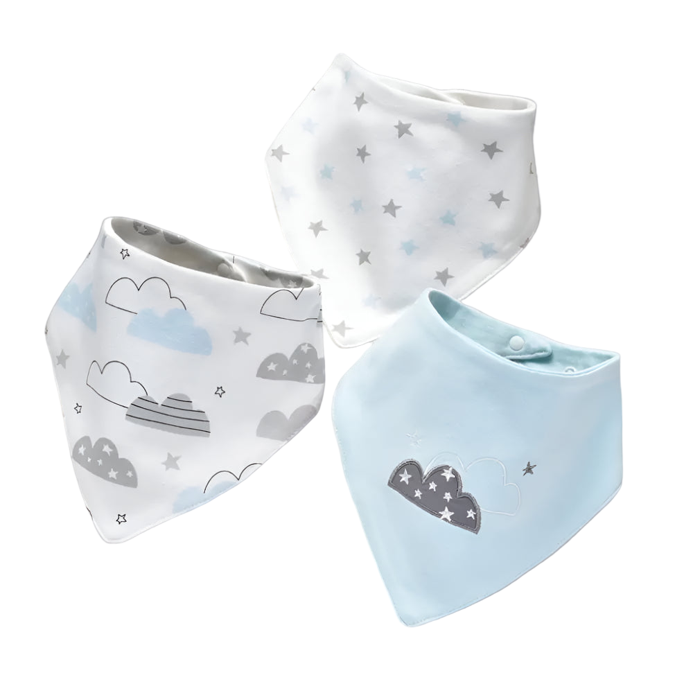 Three baby bibs with cloud and star patterns on a white background