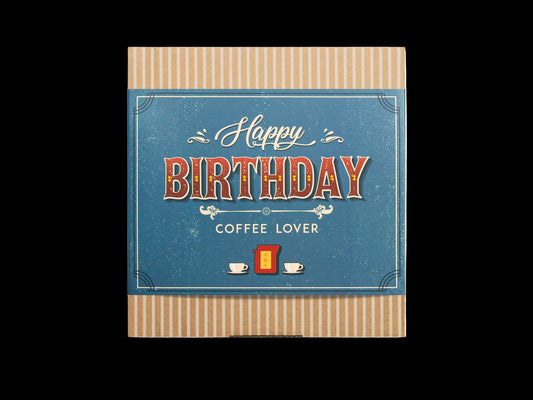 Greeting card with 'Happy Birthday Coffee Lover' text on a blue background