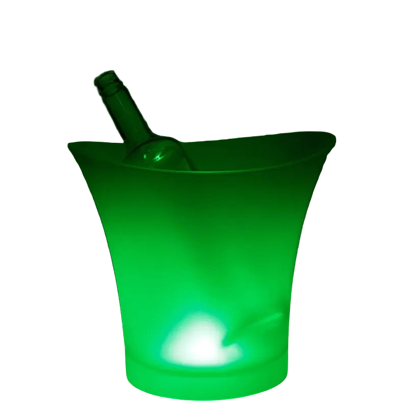 Green LED ice bucket with a bottle inside on a black background