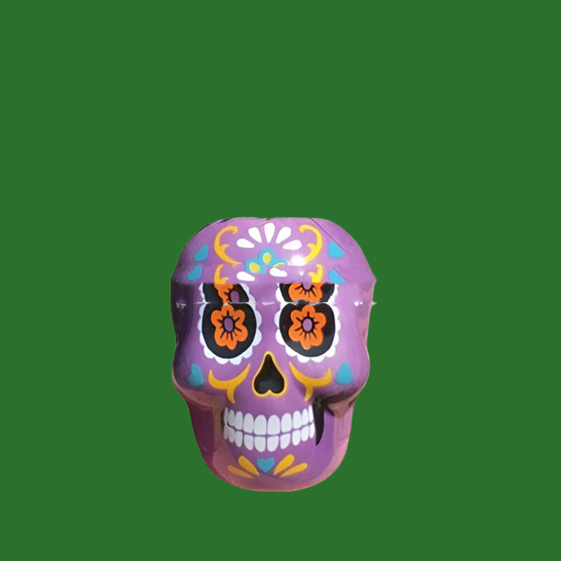 Colorful skull-shaped object on a white background