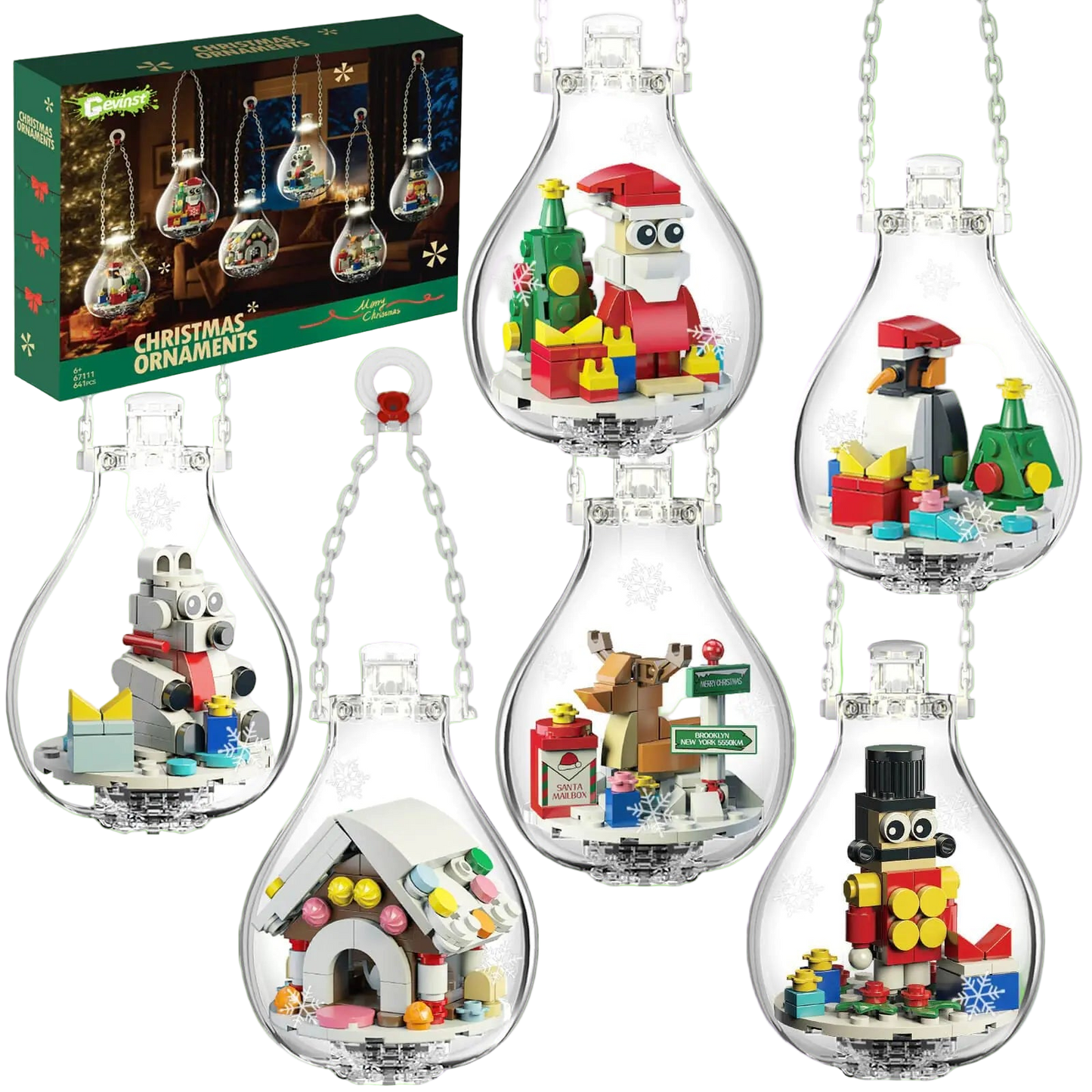 Set of Christmas-themed LEGO-style decorations in clear bulb-shaped containers with a box in the background.
