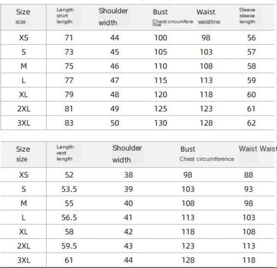Euro size chart for clothing with measurements in centimeters