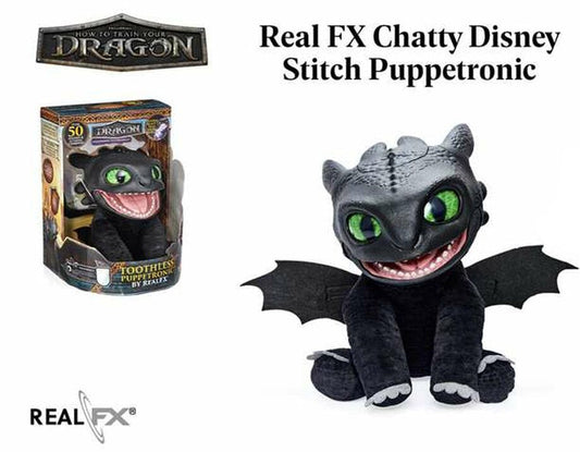 Plush dragon toy with packaging and person holding it, featuring Real FX branding.