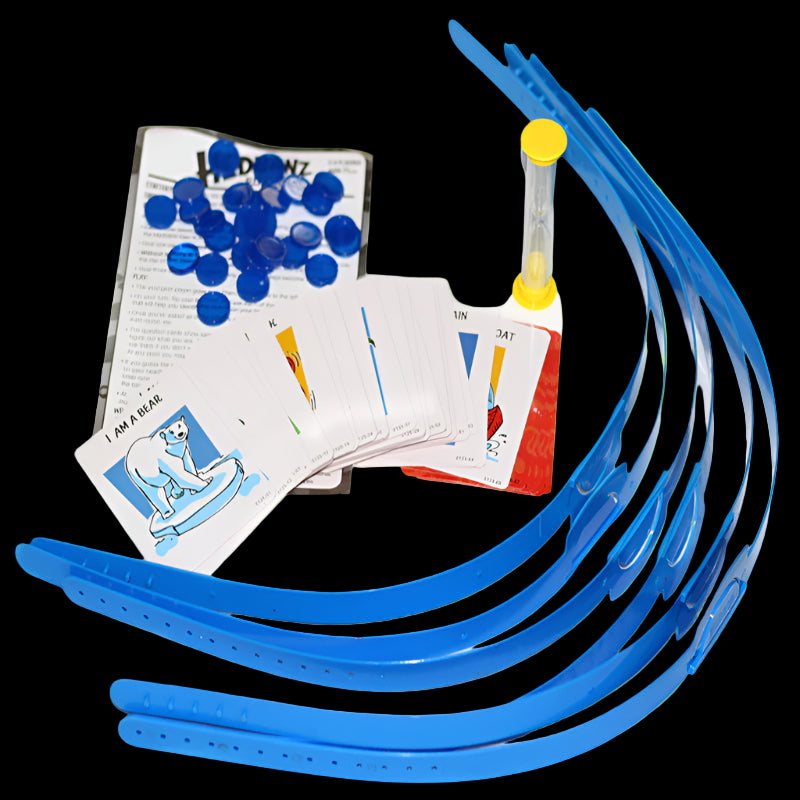 Blue plastic straws, cards, and blue beads on a white background