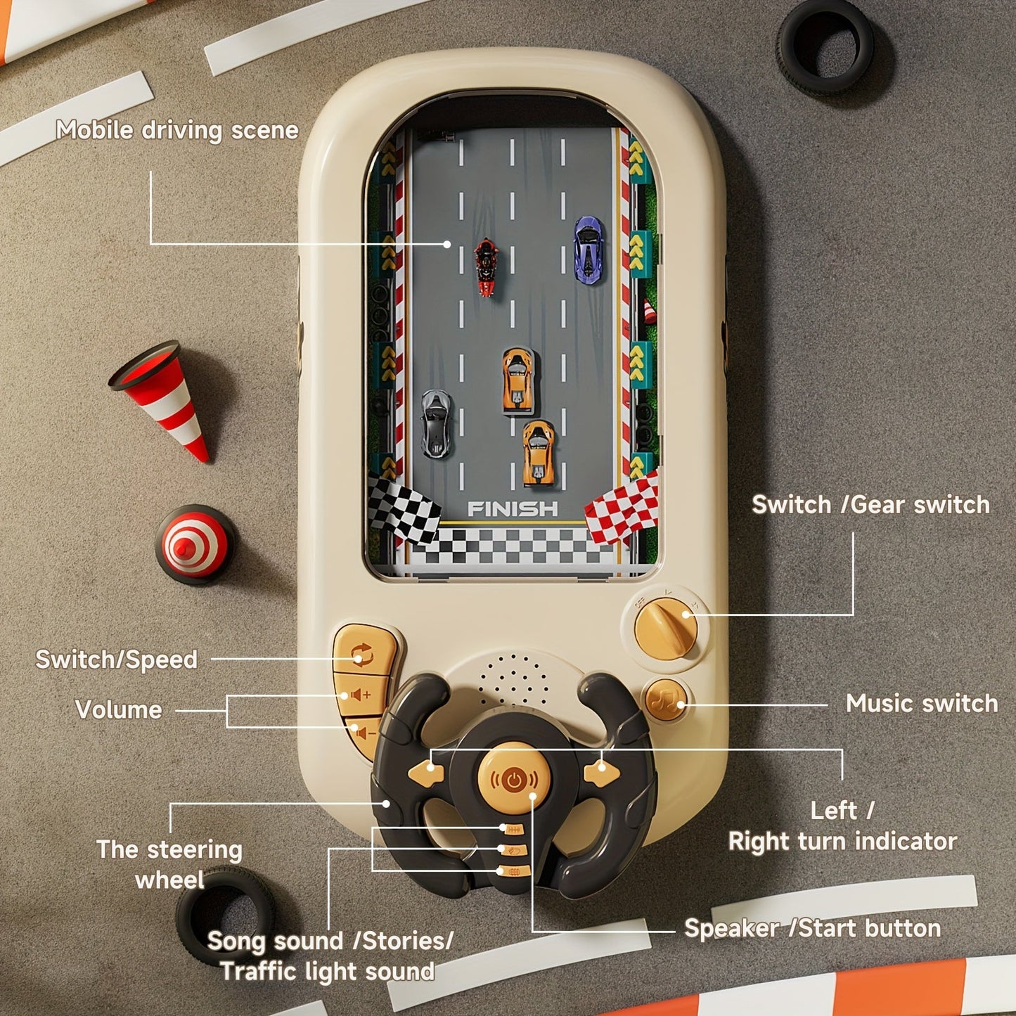 Handheld racing game console with steering wheel and game display on a brown surface.