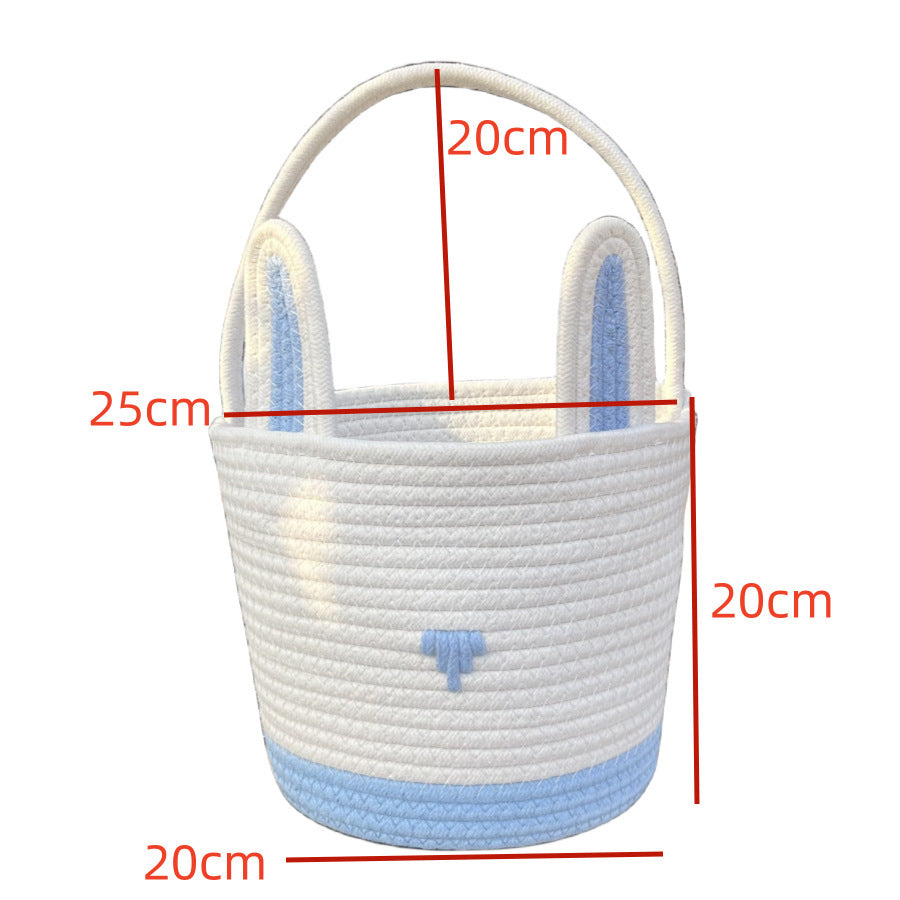 White woven basket with blue accents and measurements on a white background