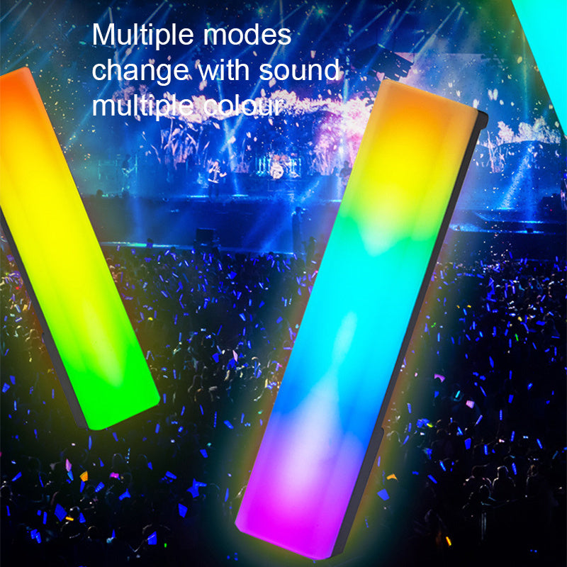 Colorful LED light sticks with a concert background, text indicating multiple modes and color changes with sound.