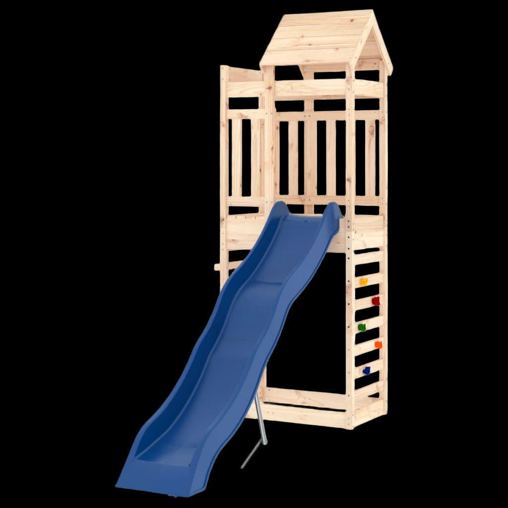 Wooden play tower with a blue slide on a white background