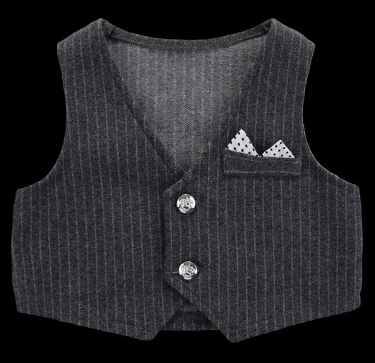 Black pinstripe vest with decorative buttons on a textured white surface.