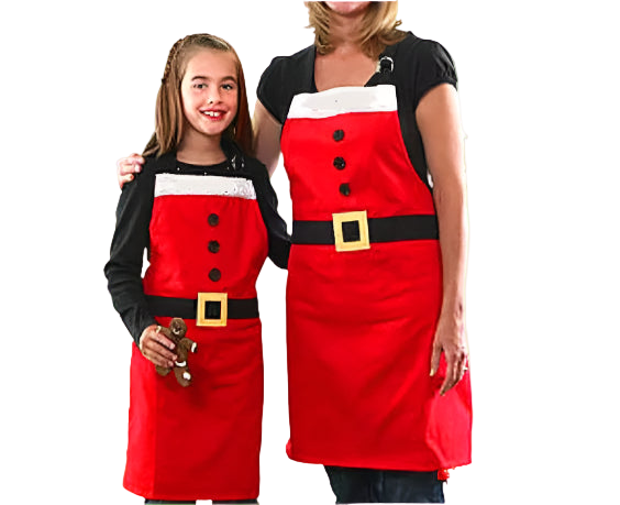 Two people wearing matching red aprons with black buttons and a belt in a kitchen.