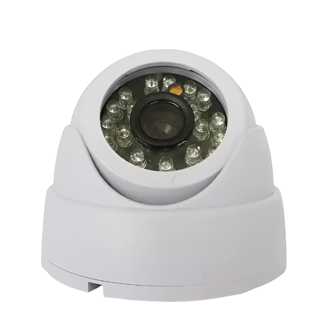 White security camera with LED lights on a white background