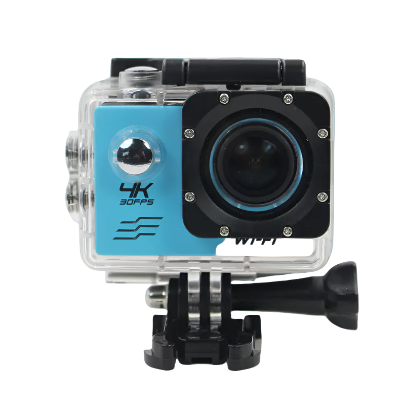 Action camera with blue front panel on a white background