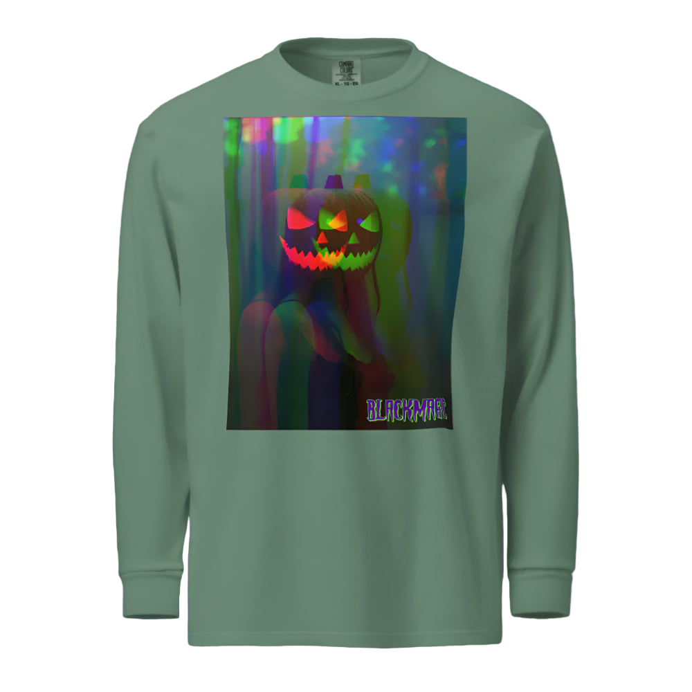 Green long-sleeve shirt with a colorful pumpkin graphic on a white background