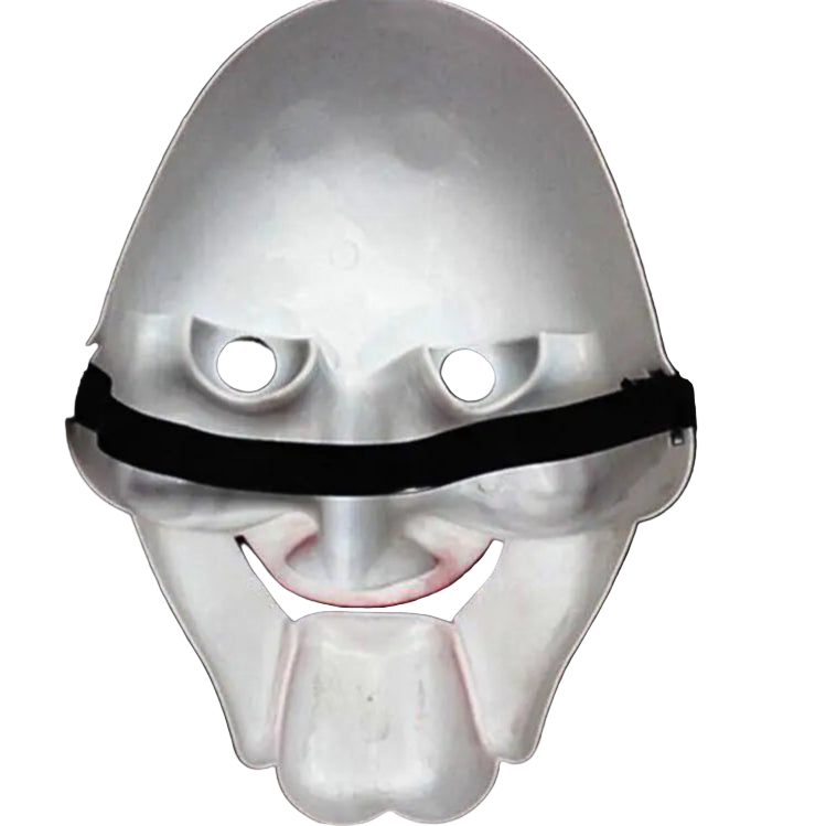 White mask with black bandage over eyes on a black background