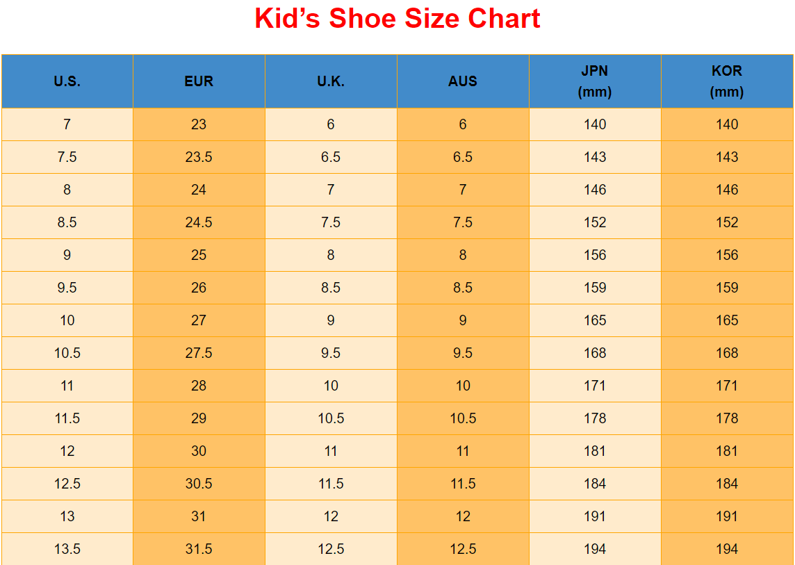 Kids shoe size chart comparing U.S., EUR, U.K., AUS, JPN, and KOR sizes on a yellow background.