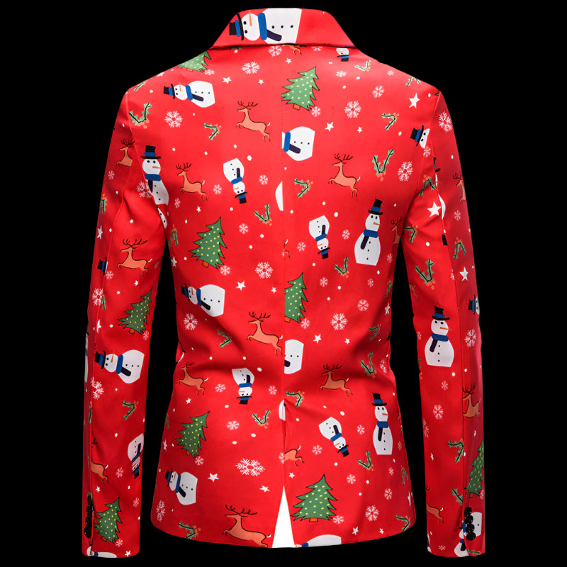 Red jacket with Christmas-themed pattern on a white background