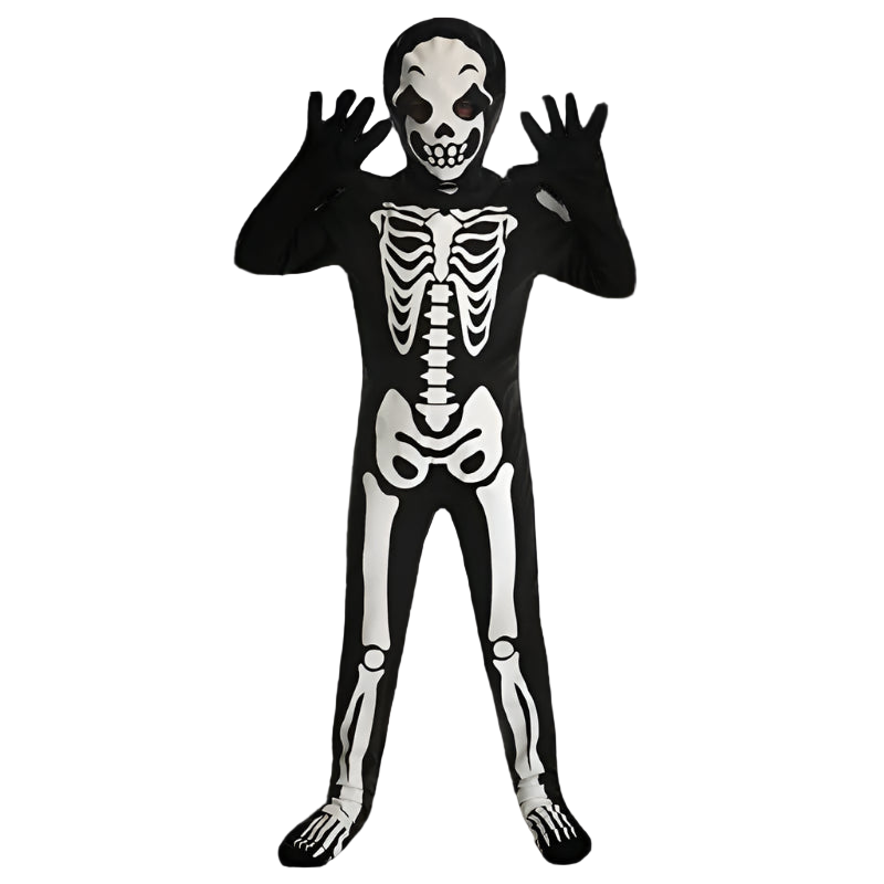 Skeleton costume with black and white design on a white background