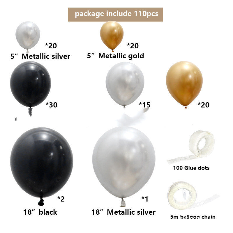 Balloon package with various sizes and colors including metallic silver, gold, black, and white balloons, along with glue dots and a balloon chain.