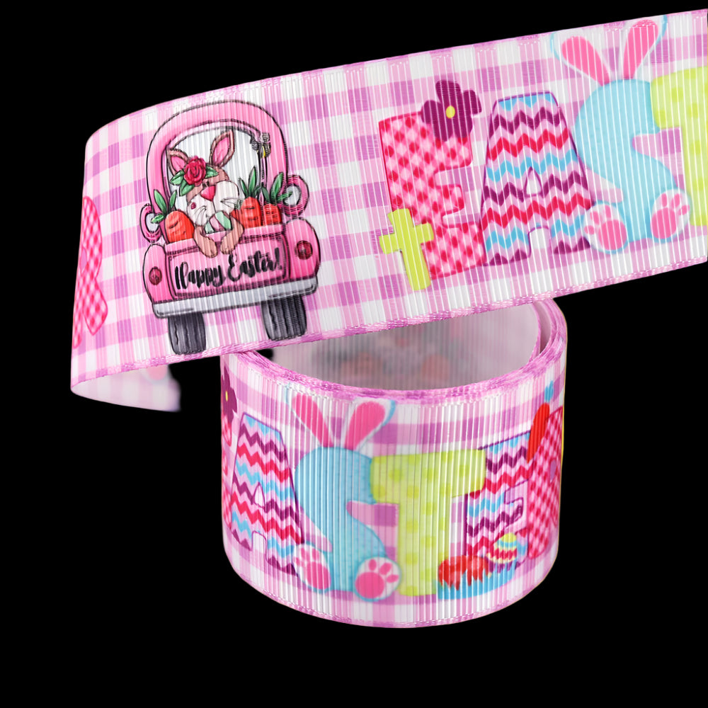 Two Easter-themed ribbons with cartoon characters and text on a white background