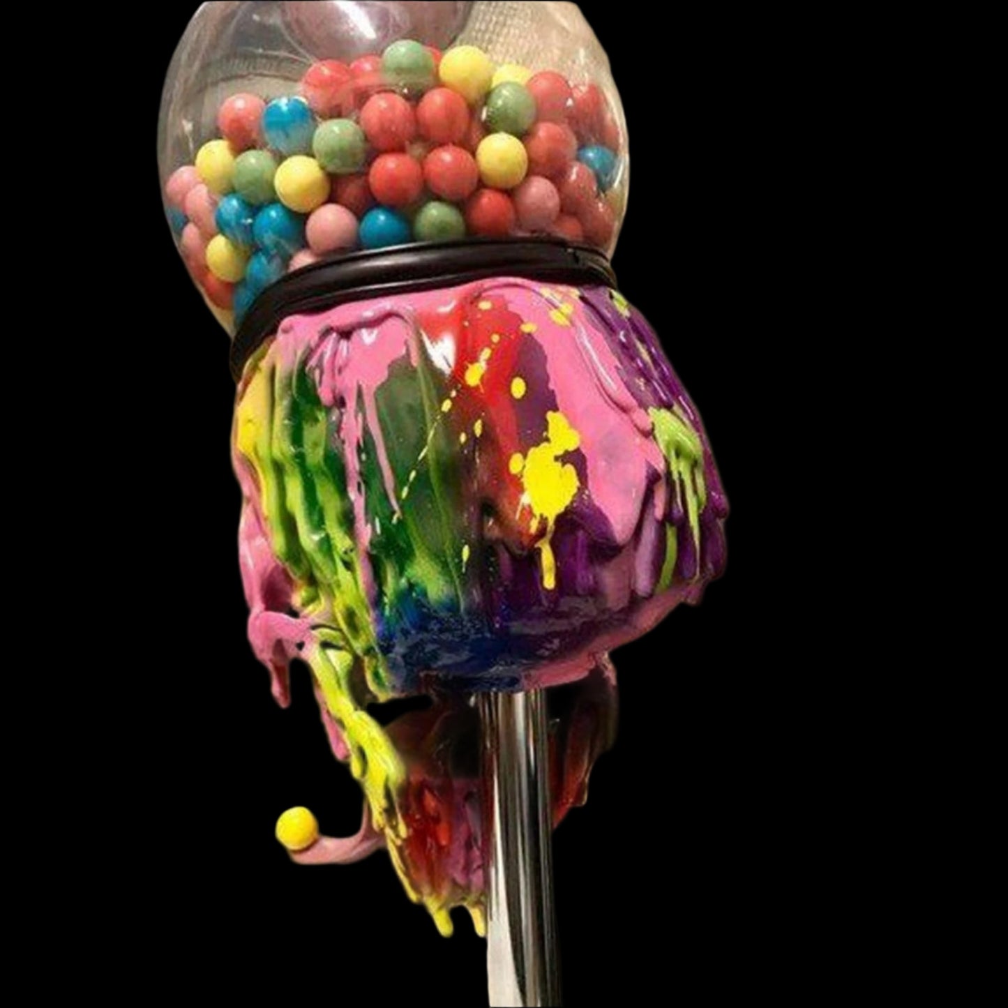 Colorful gumball machine with splatter paint design on a metallic background