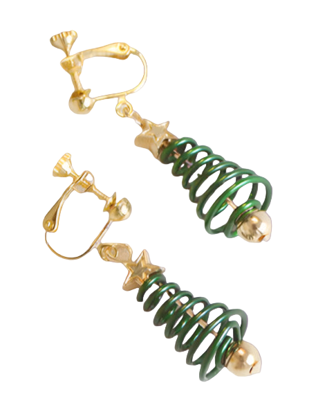 Pair of earrings with green and gold elements on a white background