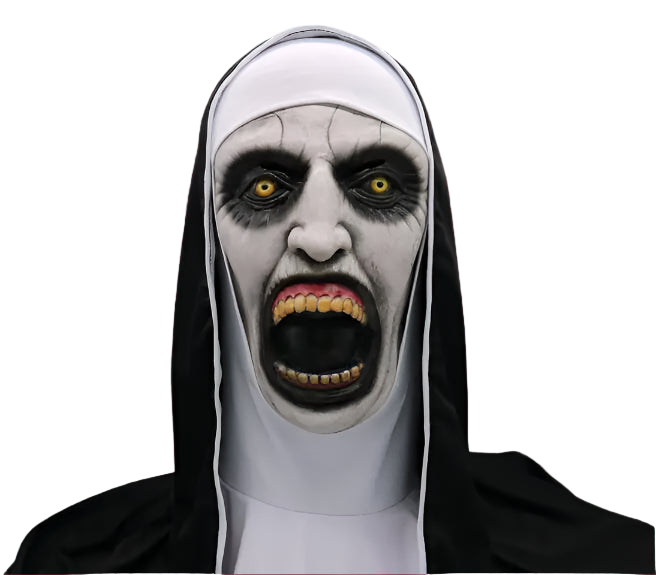 Person wearing a horror-themed mask with white face and black hood on a white background