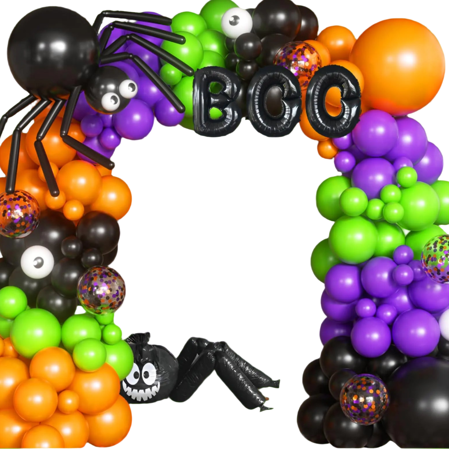 Halloween-themed balloon arch with colorful balloons and decorations in front of a house.