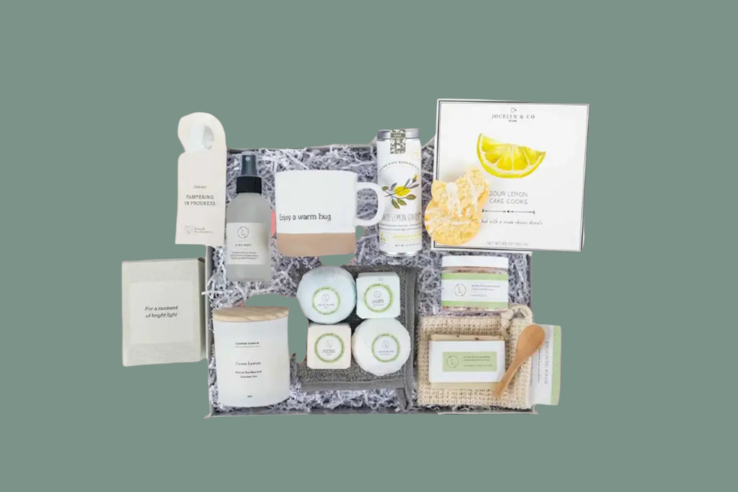 Collection of bath and body products on a white background