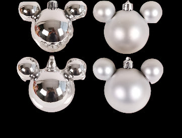Silver Christmas ornaments shaped like Mickey Mouse on a white background
