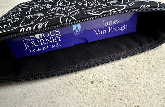 Pouch with 'The Soul's Journey' lesson cards by James Van Praagh on a textured surface