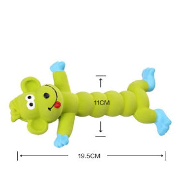 Green dog toy shaped like a caterpillar with measurements on a white background