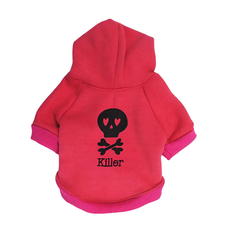 Red pet hoodie with a black skull design and 'Killer' text on a white background