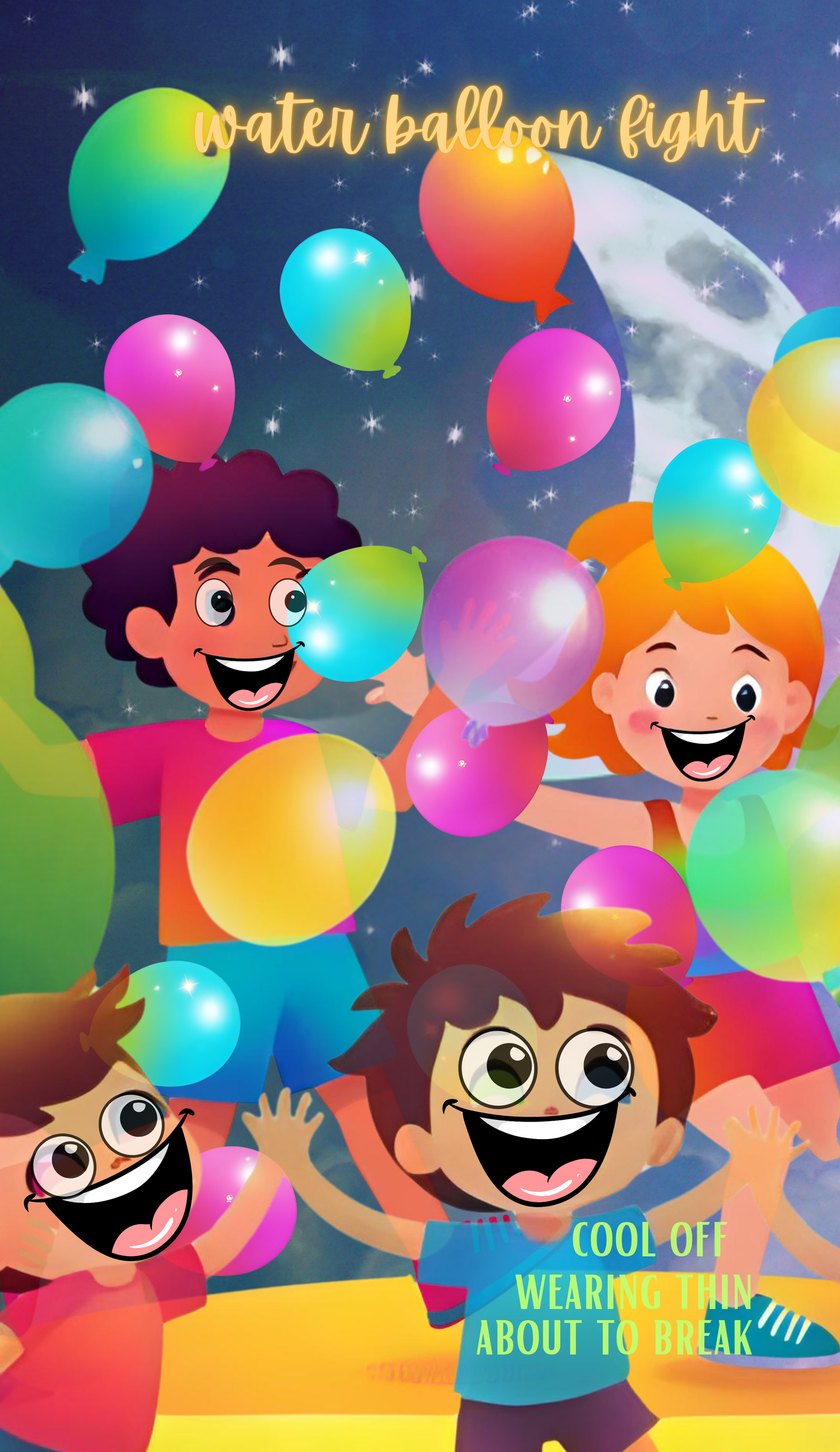 Children playing with water balloons against a night sky with colorful balloons.