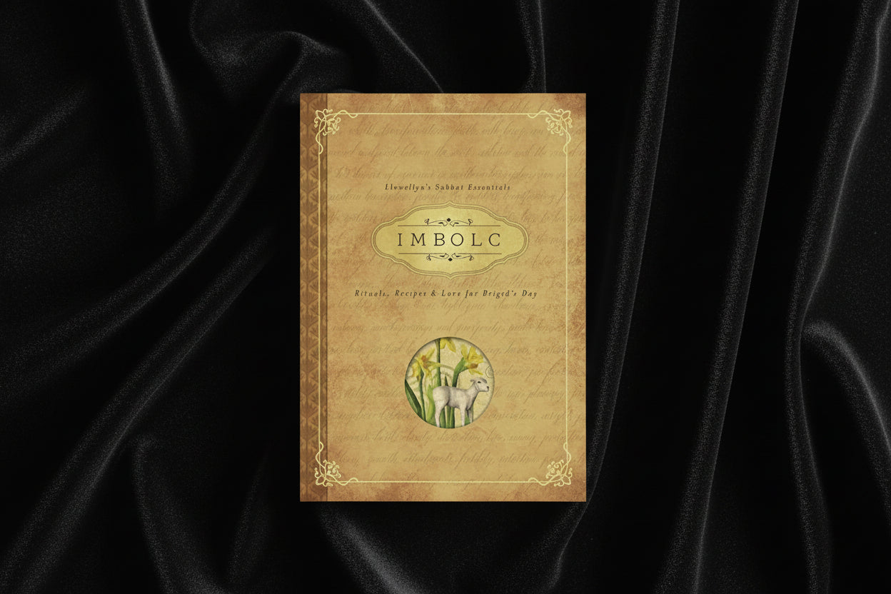 Book cover with 'IMBOLC' and decorative elements on a beige background