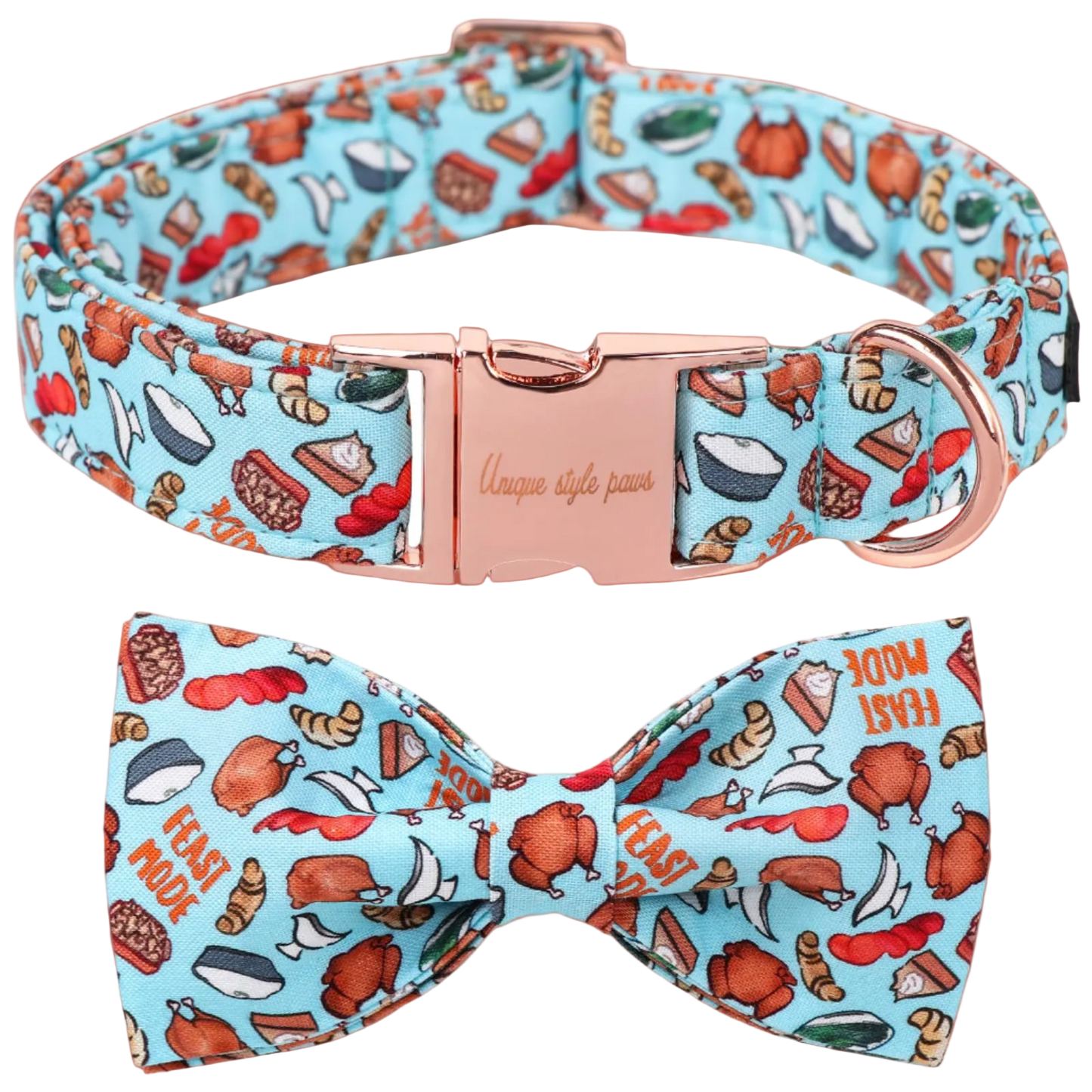 Dog collar and bow tie set with food-themed design on a blue background