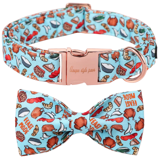 Dog collar and bow tie set with food-themed design on a blue background