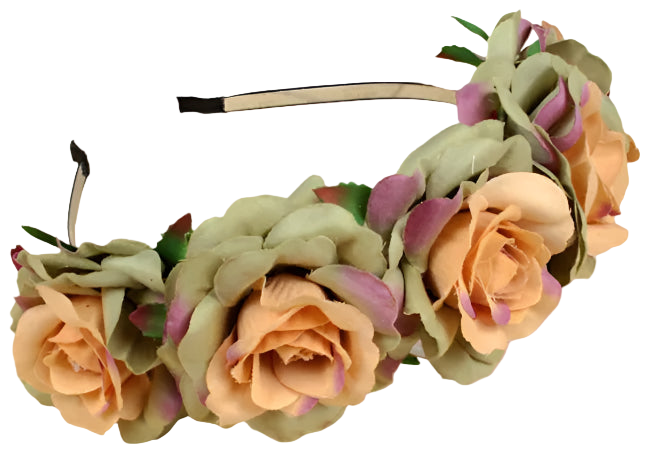 Floral headband with pink and green flowers on a wooden surface